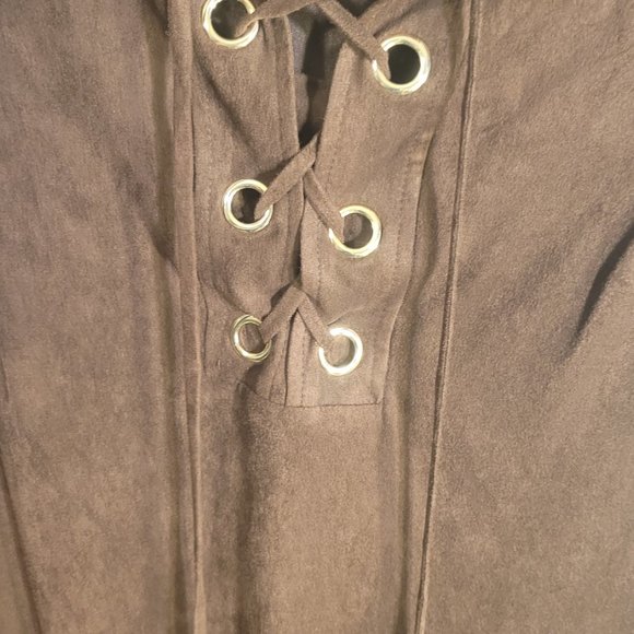 SANDRA DARREN WOMENS BROWN SHORT SLEEVE VEGAN VELVET LACE NECK DRESS - Picture 11 of 13